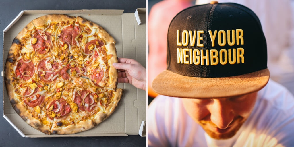 Split image of pizza and happy man wearing love your neighbor hat