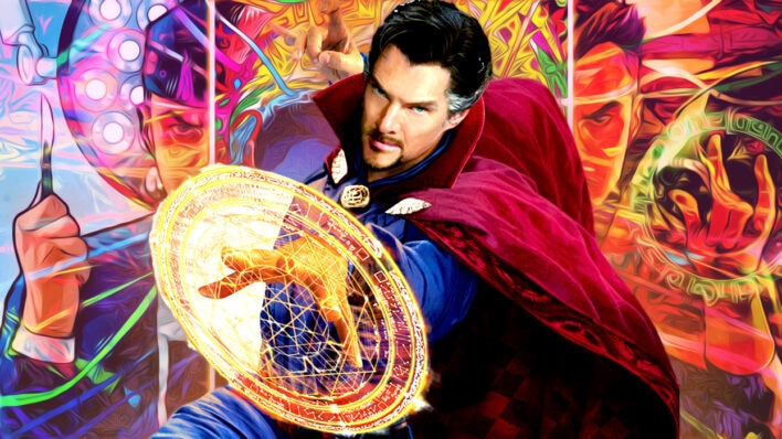 Benedict Cumberbatch as Doctor Strange in front of Marvel Comics art