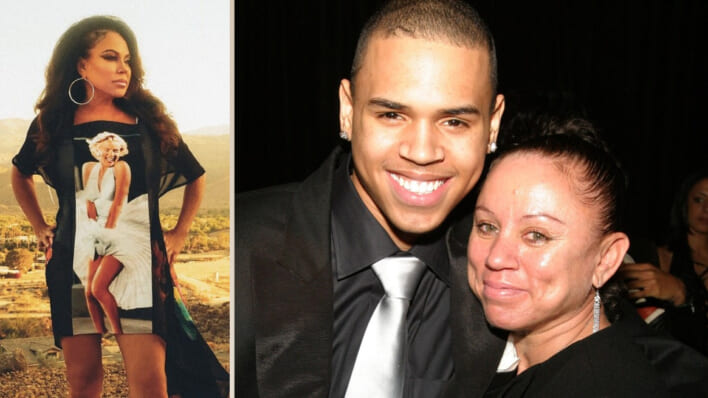 Chris Brown and mom in all black next to a picture of Joyce Hawkins wearing a Marilyn Monroe dress.