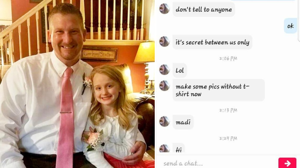 dad and daughter in formal clothes and a screenshot with text messages