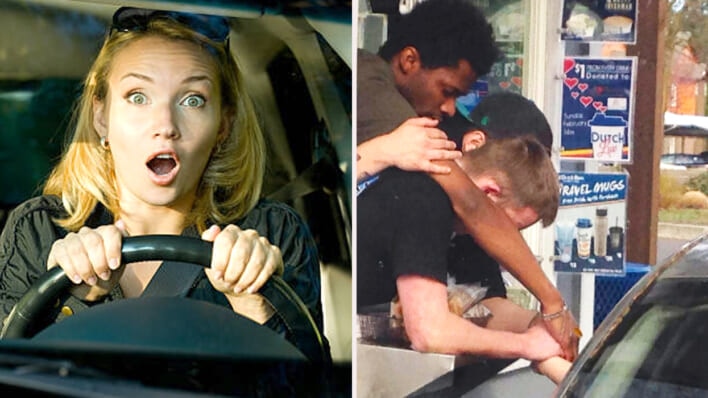 Shocked woman in a car while drive-thru employees reach out window into another car