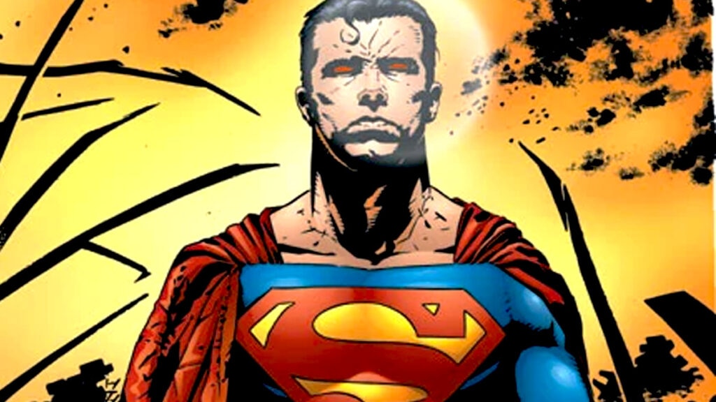 Superman surrounded by rubble using his heat vision