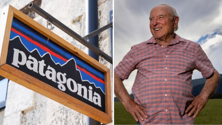 a "patagonia" sign and a man smiling with hands on his hips